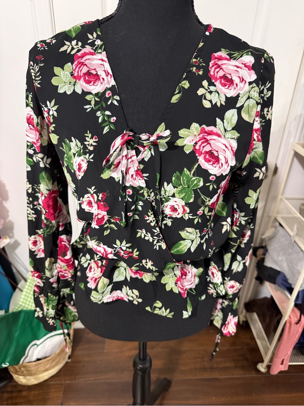 Floral Tie-Front Blouse - Black with Pink Roses
